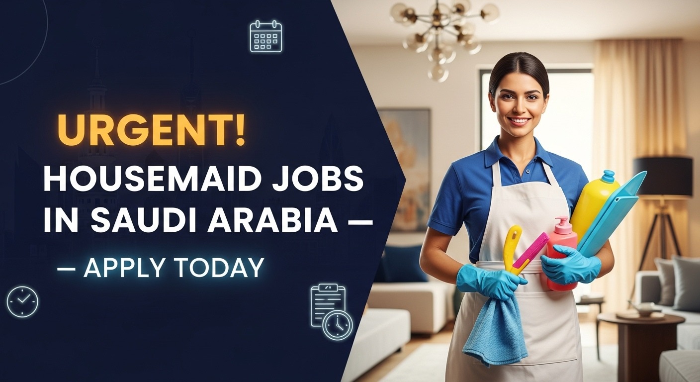 Urgent Housemaid Jobs in Saudi Arabia in a modern Saudi home, smiling and holding cleaning tools, promoting urgent housemaid jobs in Saudi Arabia. Bright, eye-catching, social-media-ready feature image.