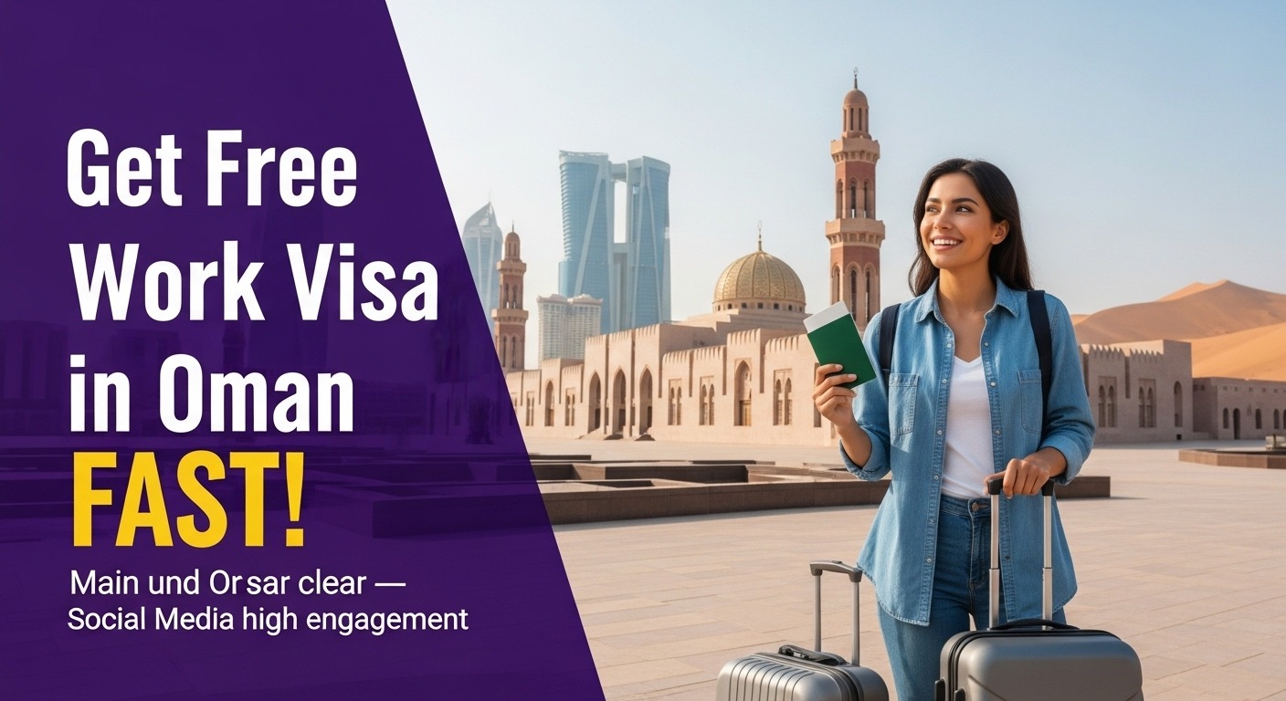 Young professional holding passport and suitcase with Oman skyline – Guide to getting a free work visa in Oman fast_Free Work Visa in Oman.