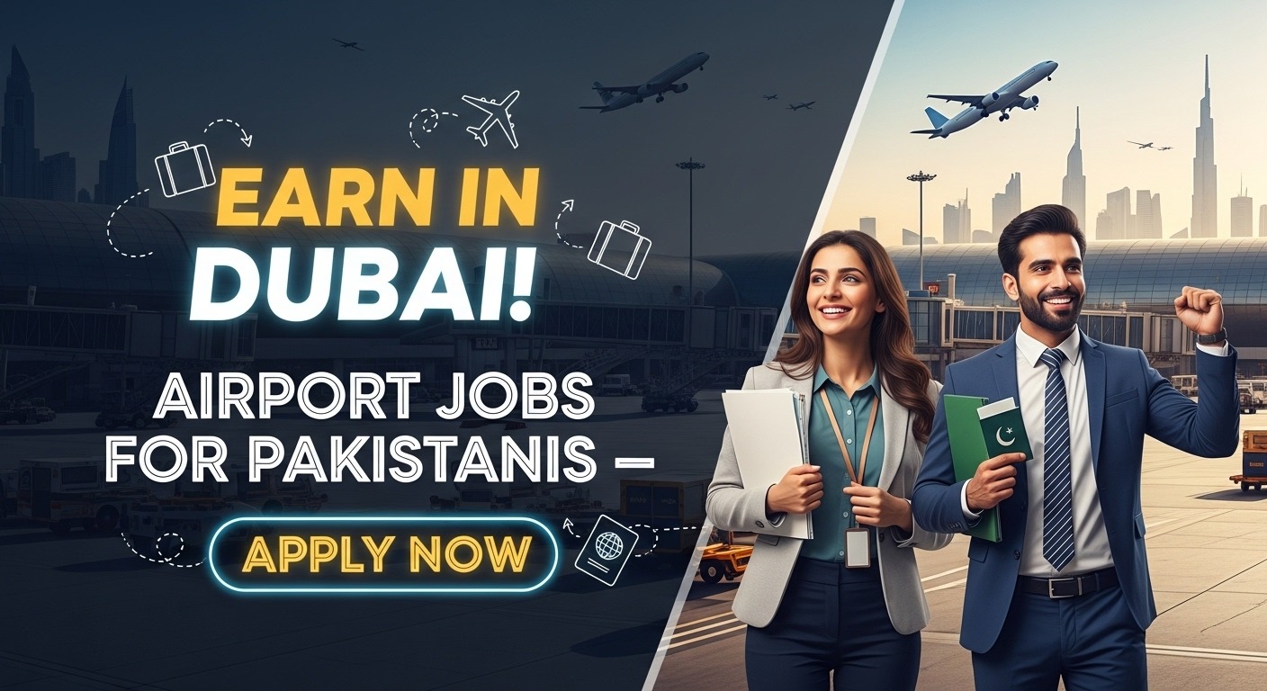 Pakistani professionals at Dubai airport, holding documents, with airplanes in the background — promoting airport jobs in Dubai for Pakistanis. Bright, eye-catching, social-media-ready feature image.