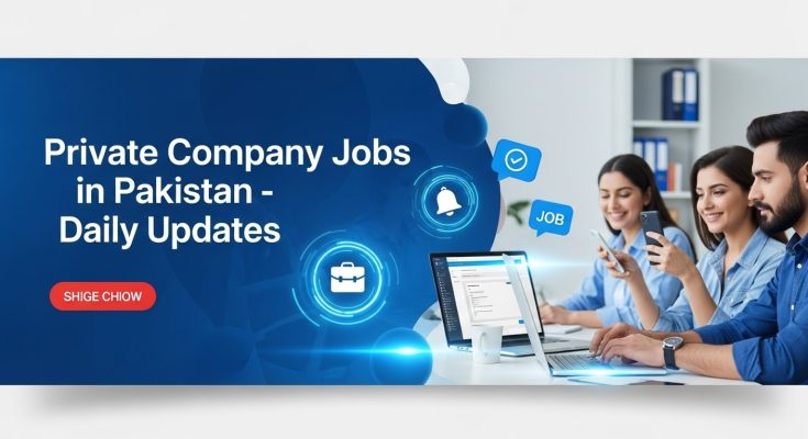 “Pakistani young professionals searching and applying for private Company Jobs in Pakistan using laptops and phones, with bold headline text for higher engagement.”