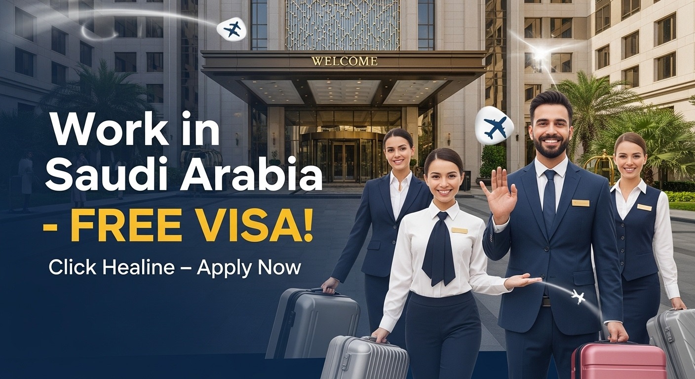 Smiling hotel jobs in Saudi Arabia uniforms with luggage, standing in front of a luxury hotel entrance. Text overlay reads “Work in Saudi Arabia – FREE Visa!”