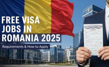 “Foreign worker holding Romania visa approval documents with Romanian flag and city background — Free Visa Jobs in Romania.
