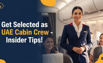 “Confident Female Cabin Crew Jobs in UAE in uniform standing inside an airplane cabin, smiling, with passengers in the background, highlighting UAE airline jobs for females.”
