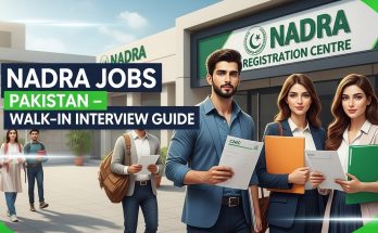 “Young Pakistani applicants standing outside a NADRA center holding documents, with bold headline text ‘NADRA Jobs Pakistan – Walk-in Interview Guide’ in a clean, high-CTR graphic style.”