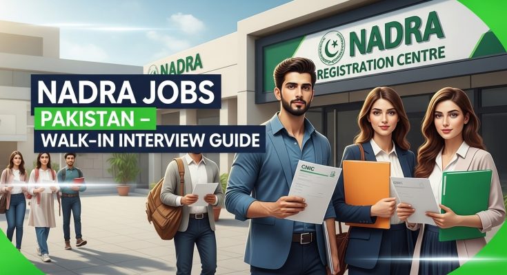 “Young Pakistani applicants standing outside a NADRA center holding documents, with bold headline text ‘NADRA Jobs Pakistan – Walk-in Interview Guide’ in a clean, high-CTR graphic style.”